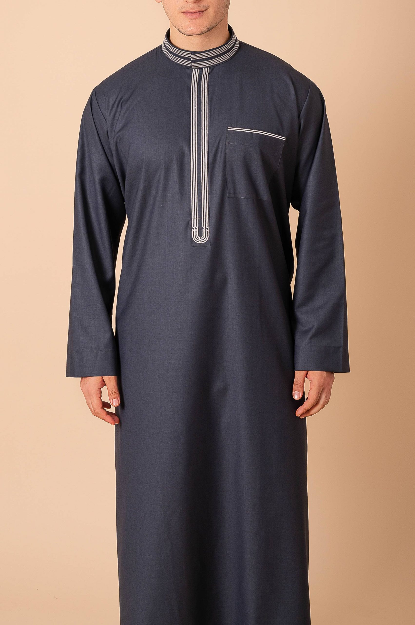 Premium Deep Charcoal Grey Emirati Designer Thobe with Striped Embroidered Placket - Image 6 - Ruby Online
