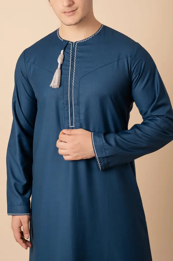 Teal Blue Omani Thobe with White Geometric Embroidery & Tassel - Image 4 - Ruby Online