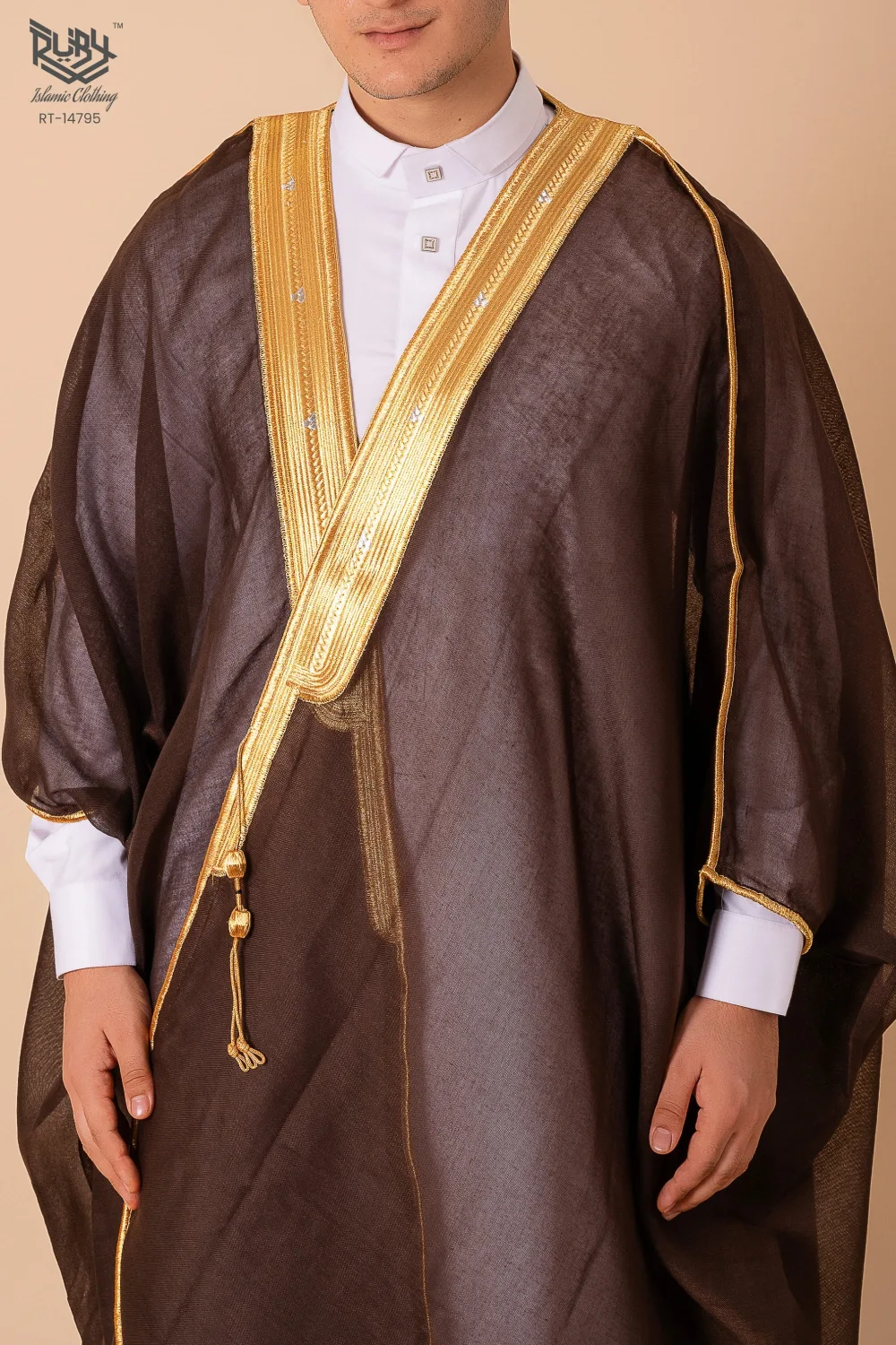 Regal Heritage Deep Brown Arabic Bisht for Men with Gold Zari Edge Embroidery – Premium Lightweight Open-Front Cloak
