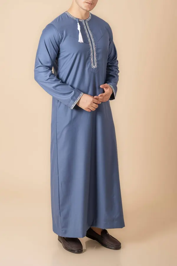 Steel Blue Omani Thobe with White Loop Embroidery & Tassel - Image 3 - Ruby Online
