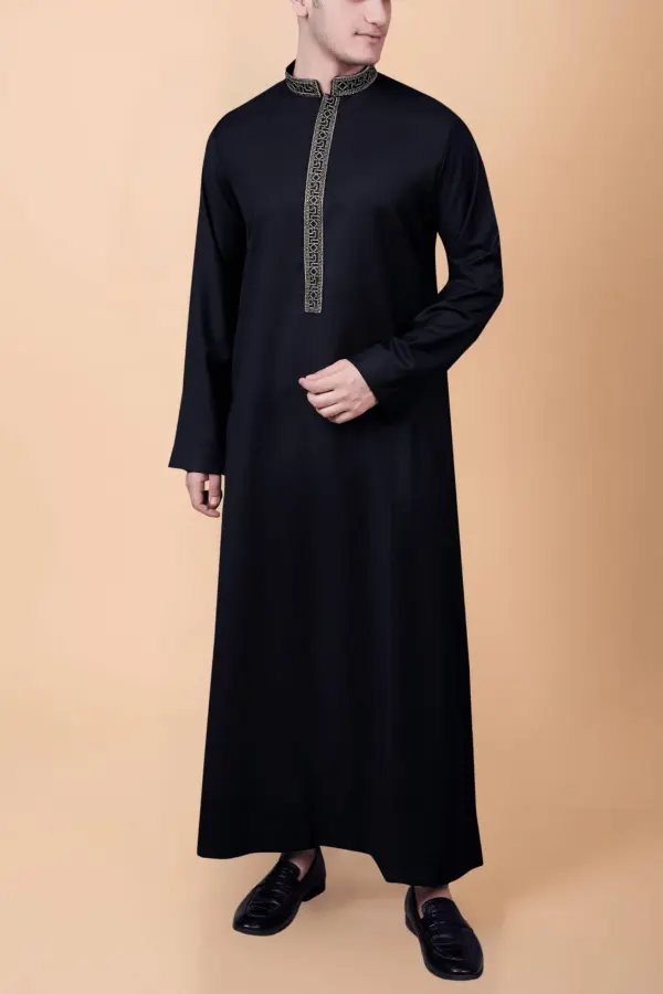 Jet Black Men’s Thobe with Gold Geometric Embroidery Strip