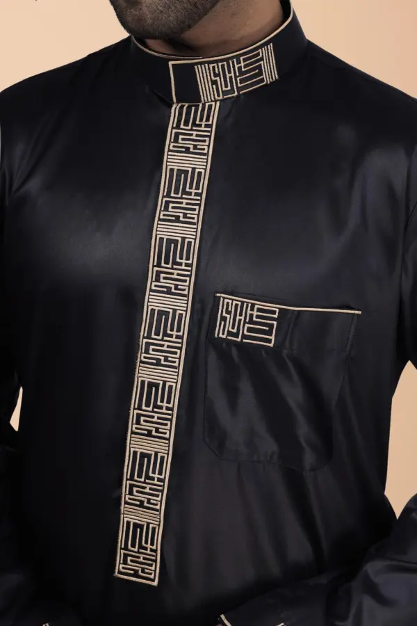 Luxury Black Designer Thobe for Men with Gold Geometric Embroidery - Image 5 - Ruby Online