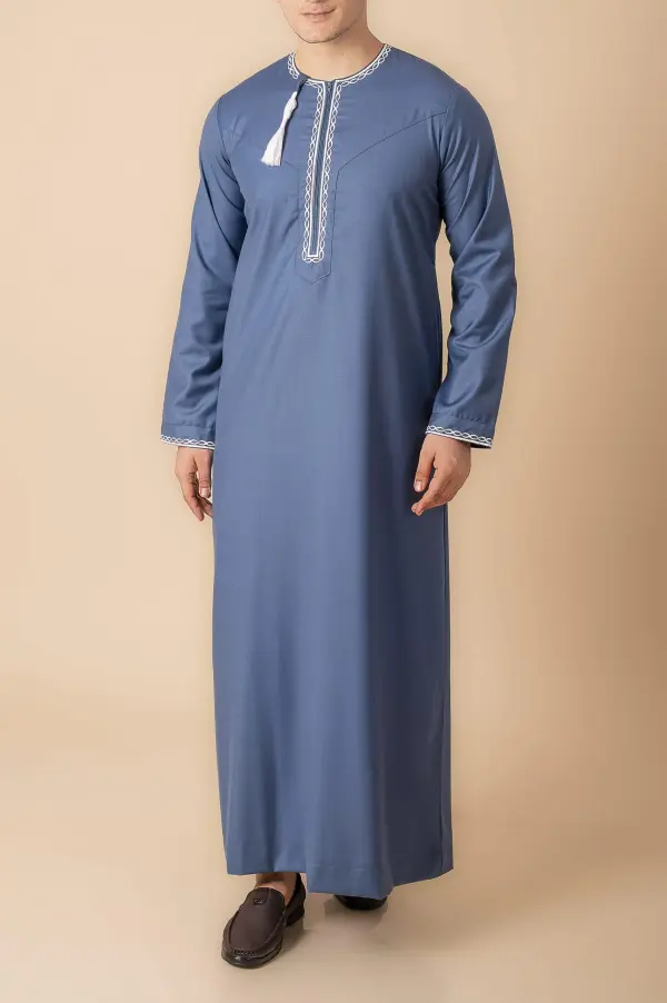 Steel Blue Omani Thobe with White Loop Embroidery & Tassel - Image 2 - Ruby Online