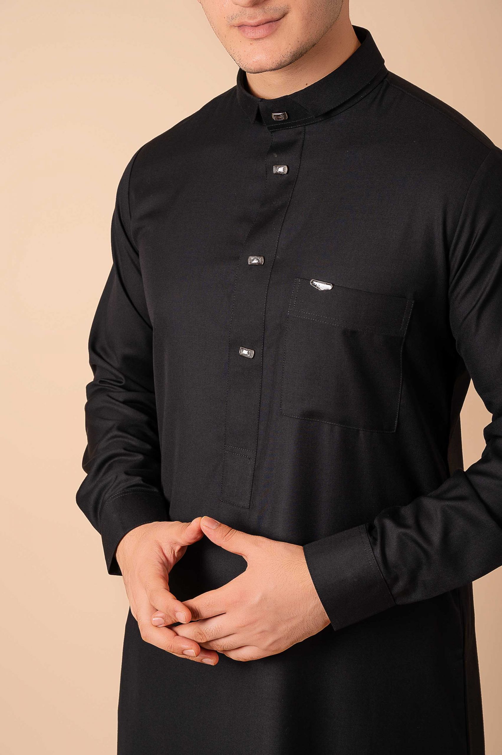 Luxury Deep Black Designer Thobe for Men with Gunmetal Button Placket & Modern Band Collar - Image 10 - Ruby Online