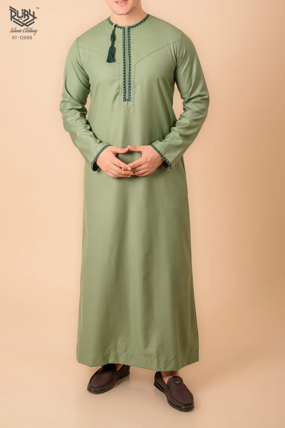 Light Olive Green Omani Thobe with Dark Green Geometric Embroidery & Tassel