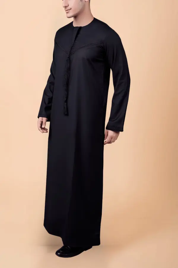 Men’s Black Emirati Tassel Thobe – Chevron Stitch Designer Kandura with Front Tassel - Image 2 - Ruby Online