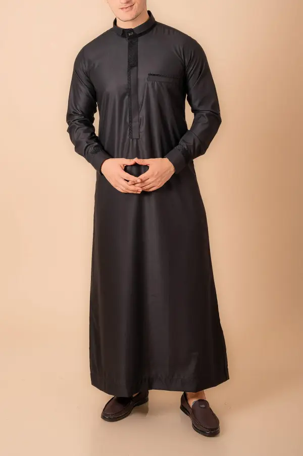 Premium Jet Black Designer Thobe for Men with Textured Trim Placket & Modern Band Collar