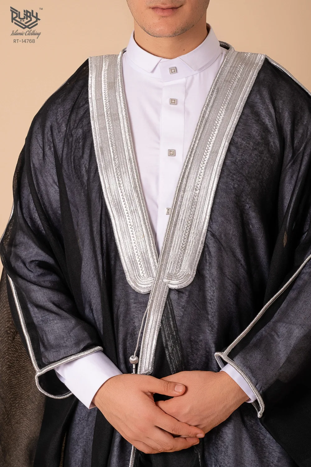 Royal Prestige Black Arabic Bisht for Men with Intricate Silver Zari Border – Premium Lightweight Open-Front Luxury Cloak - Image 4 - Ruby Online