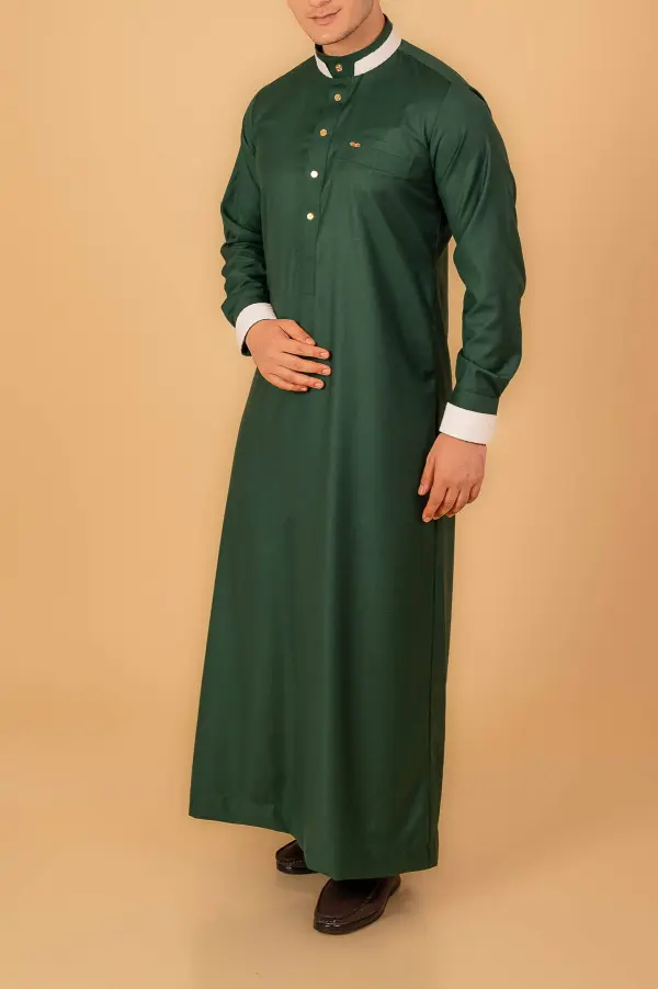 Premium Emerald Green Designer Thobe for Men with White Contrast Collar & Gold Button Detailing - Image 2 - Ruby Online