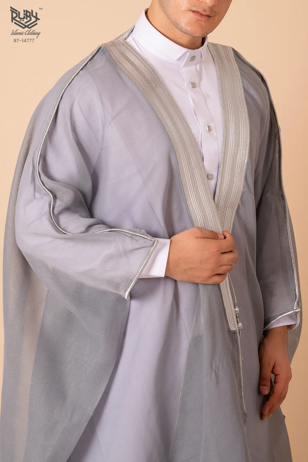 Elegant Grey Arabic Bisht for Men with Silver Zari Edge Embroidery – Premium Lightweight Open-Front Cloak - Image 4 - Ruby Online