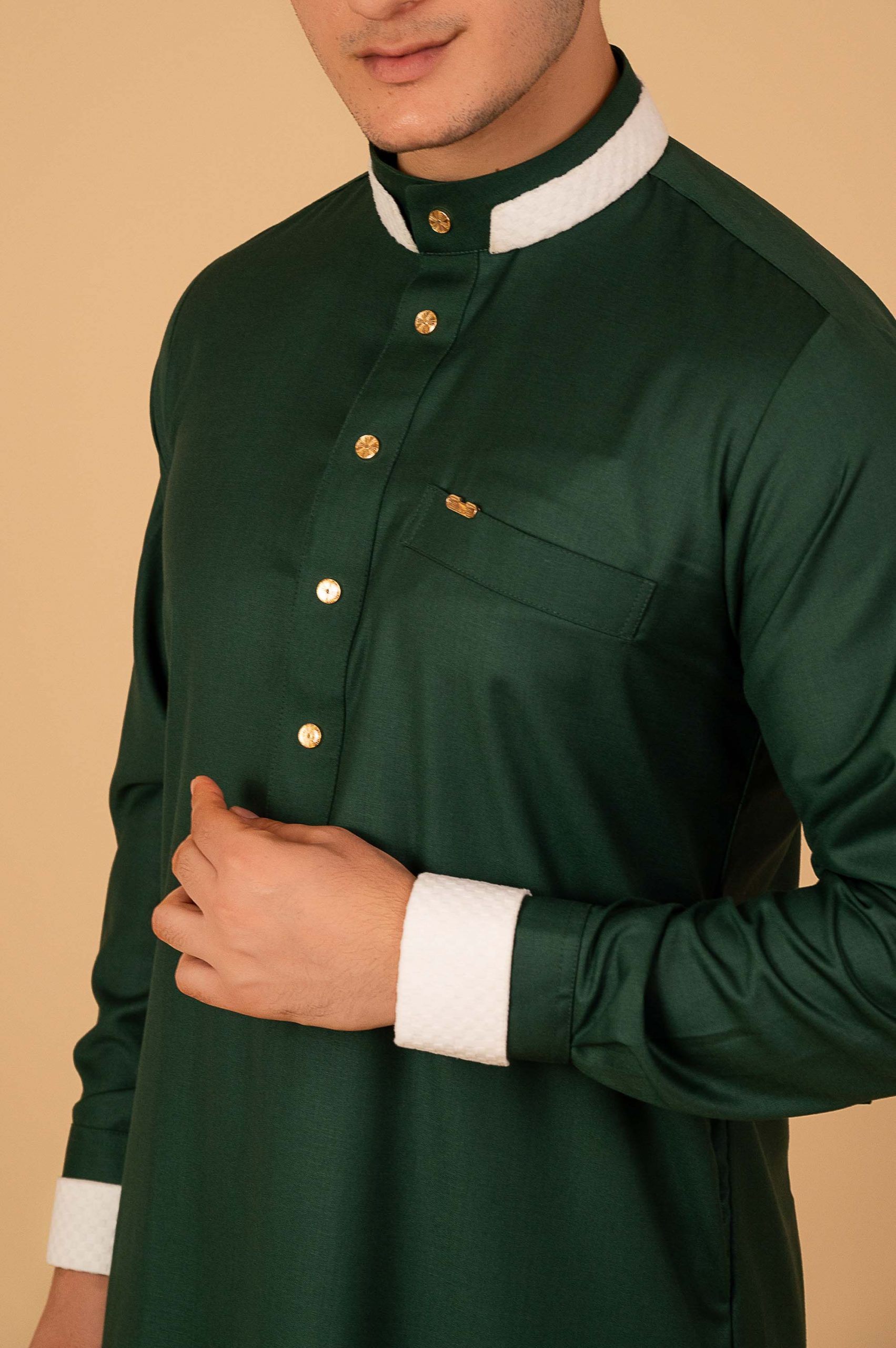 Premium Emerald Green Designer Thobe for Men with White Contrast Collar & Gold Button Detailing - Image 9 - Ruby Online