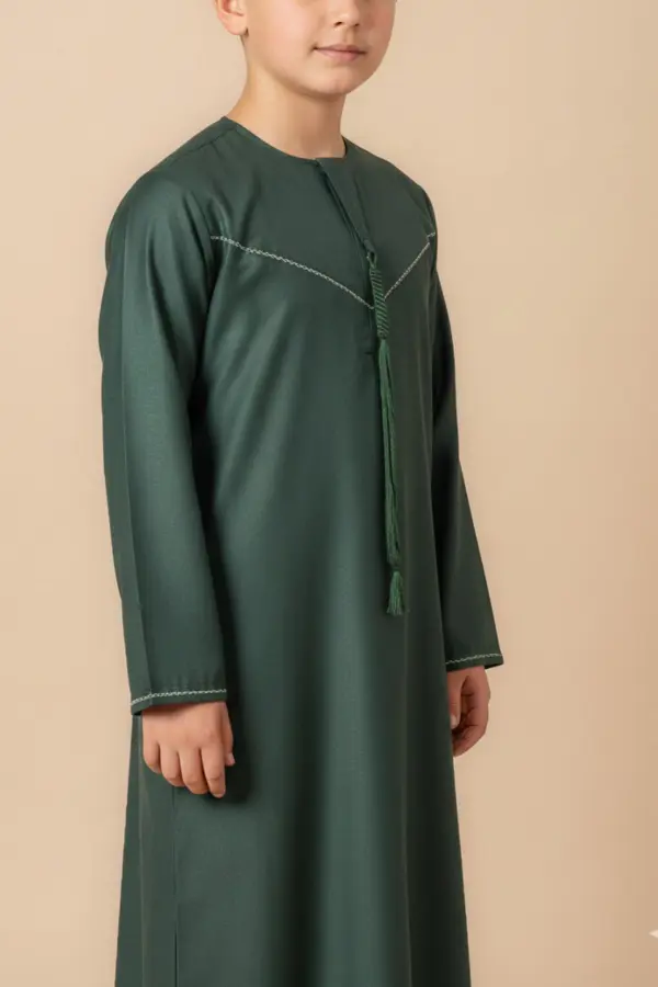 Premium Forest Green Emirati Kids Thobe with V-Stitch Detailing & Tassel - Image 4 - Ruby Online