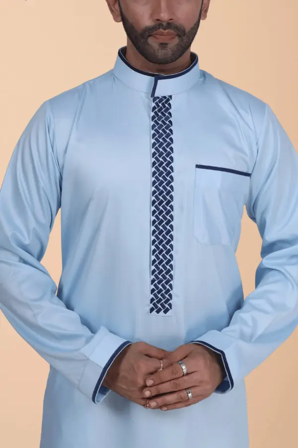 Light Blue Thobe with Navy Geometric Embroidery Strip & Band Collar - Image 6 - Ruby Online