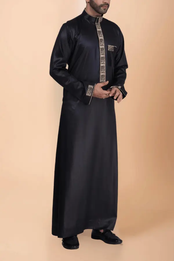 Luxury Black Designer Thobe for Men with Gold Geometric Embroidery - Image 3 - Ruby Online