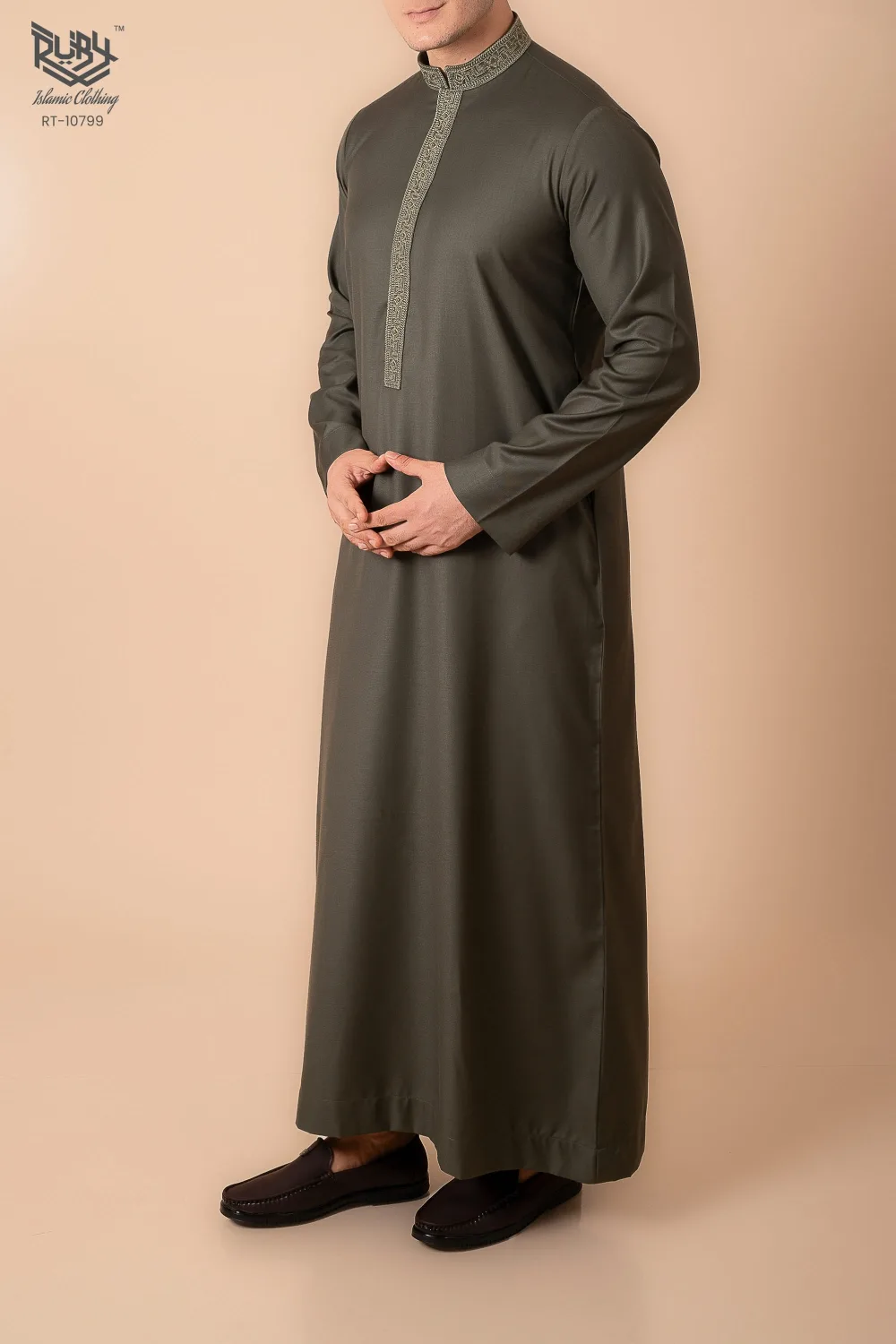 Premium Deep Olive Emirati Thobe with Gold Geometric Embroidered Collar & Placket