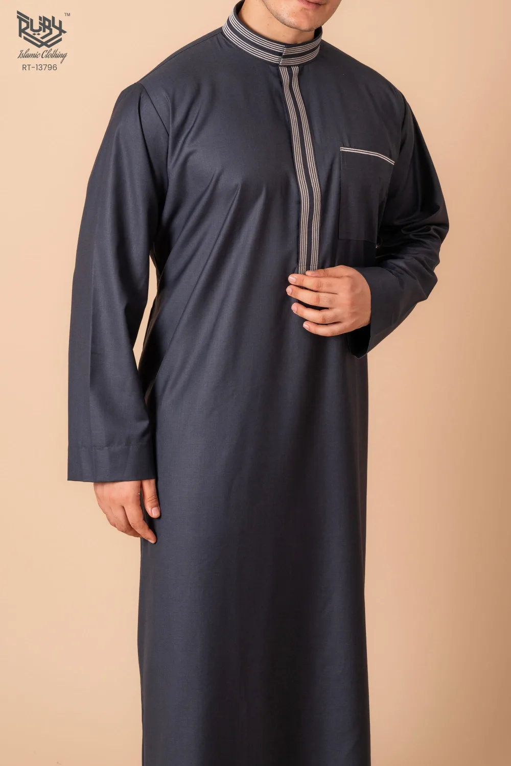 Premium Deep Charcoal Grey Emirati Designer Thobe with Striped Embroidered Placket - Image 3 - Ruby Online