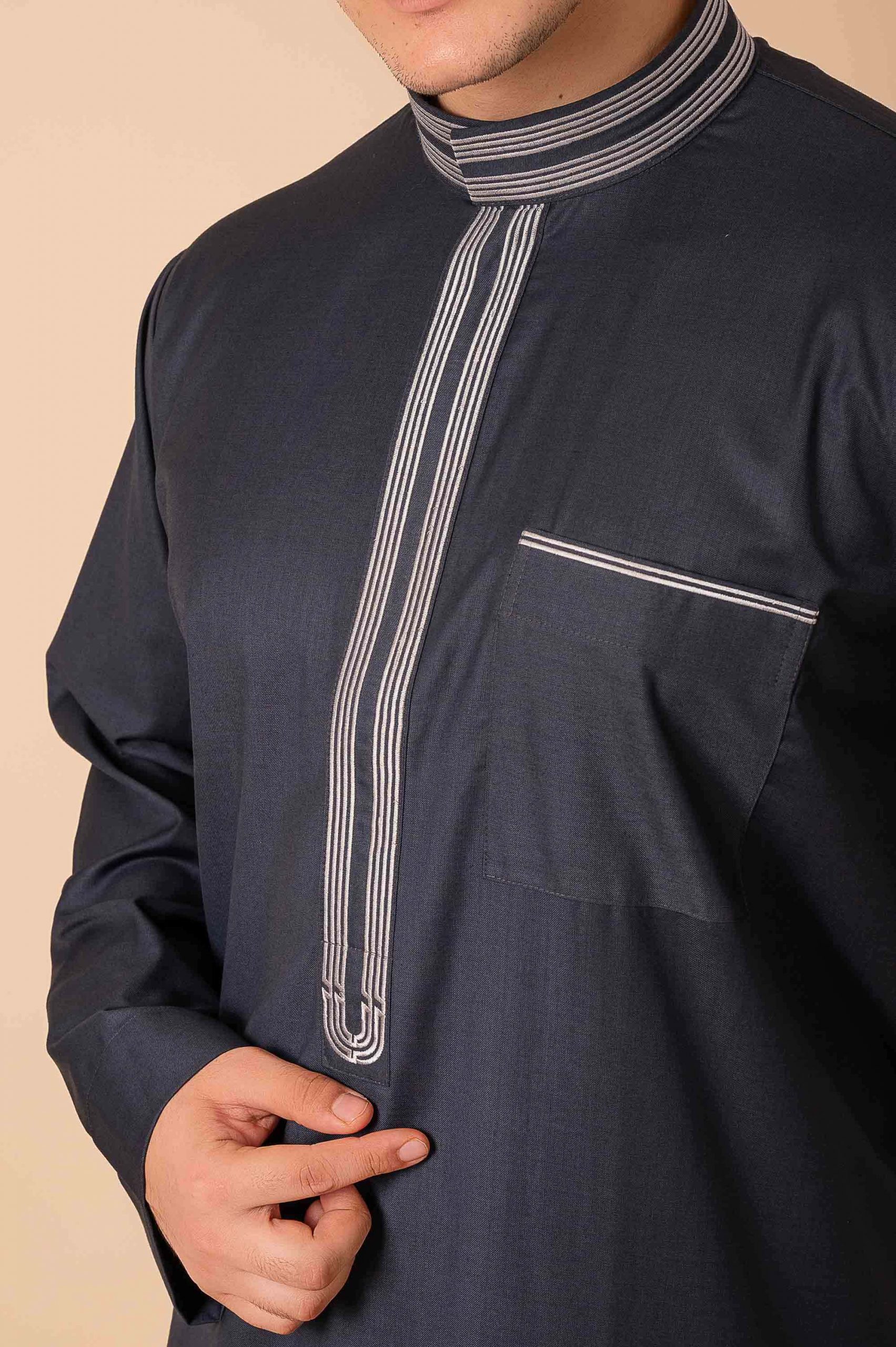 Premium Deep Charcoal Grey Emirati Designer Thobe with Striped Embroidered Placket - Image 10 - Ruby Online