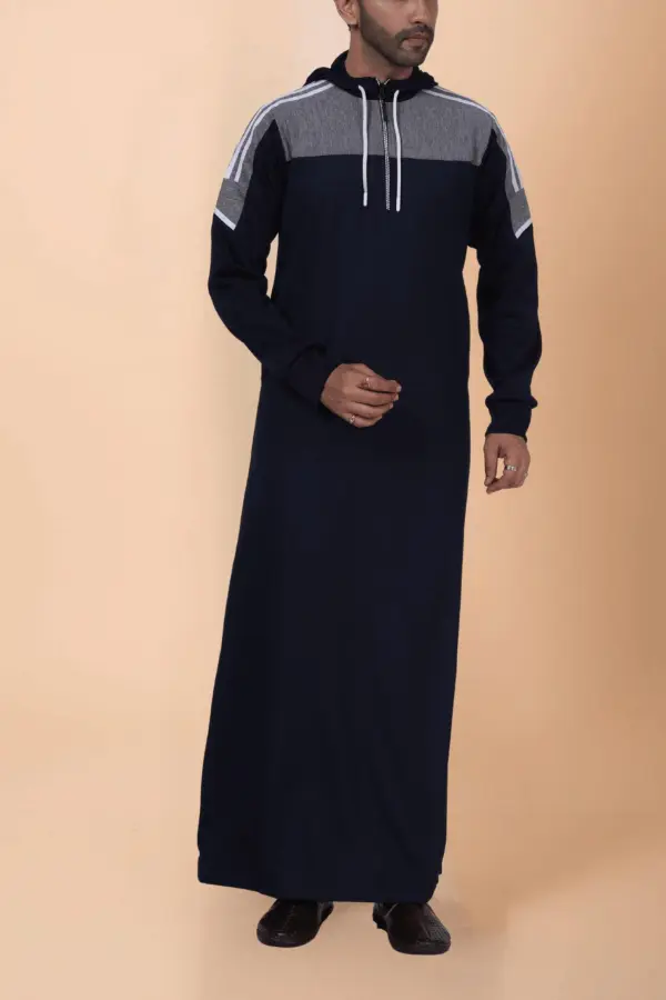 Men’s Navy Blue Hooded Thobe with Grey Panel & White Stripe Design - Image 2 - Ruby Online