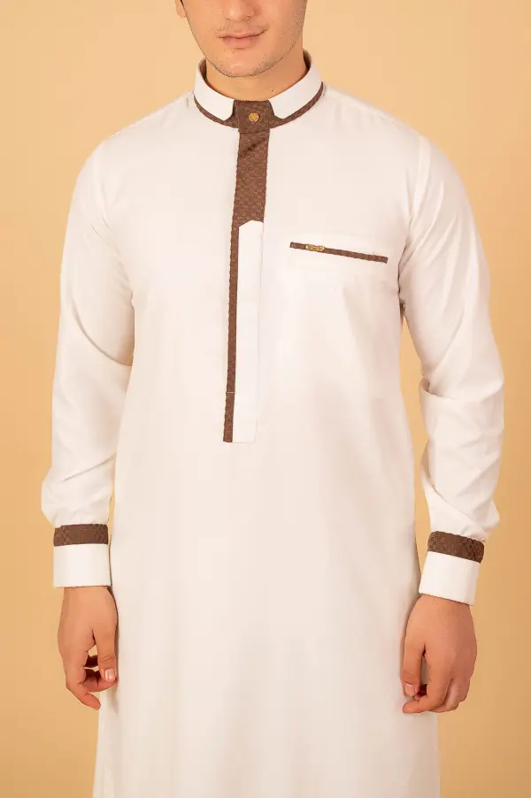 Men’s White Designer Thobe with Brown Contrast Piping – Premium Saudi Collar Kandura - Image 4 - Ruby Online