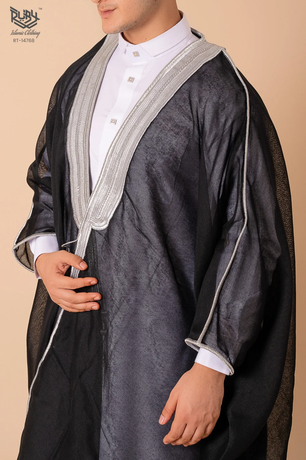 Royal Prestige Black Arabic Bisht for Men with Intricate Silver Zari Border – Premium Lightweight Open-Front Luxury Cloak - Image 3 - Ruby Online