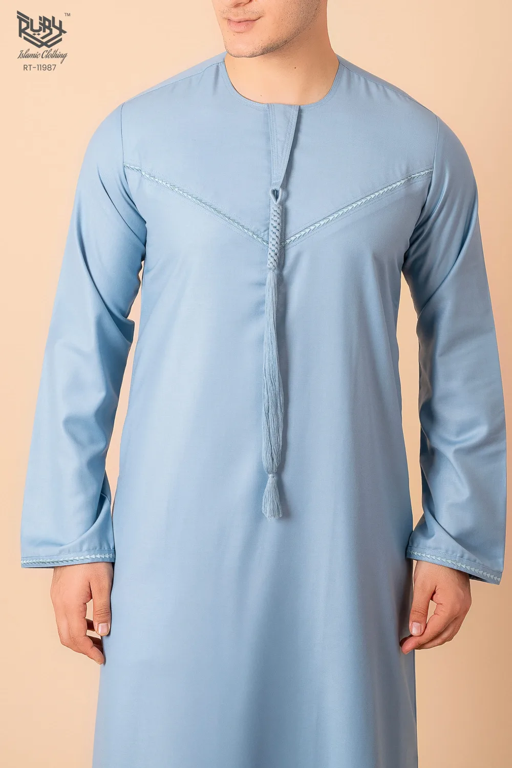 Premium Light Blue Emirati Tassel Thobe for Men – Elegant Braided Front Kandura Style - Image 5 - Ruby Online