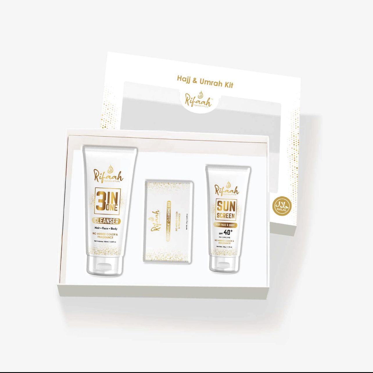 Rifaah Hajj & Umrah Travel Kit with 3-in-1 Cleanser, SPF 40+ Sunscreen & Transparent Cleansing Bar – White & Gold Halal Personal Care Set - Image 9 - Ruby Online