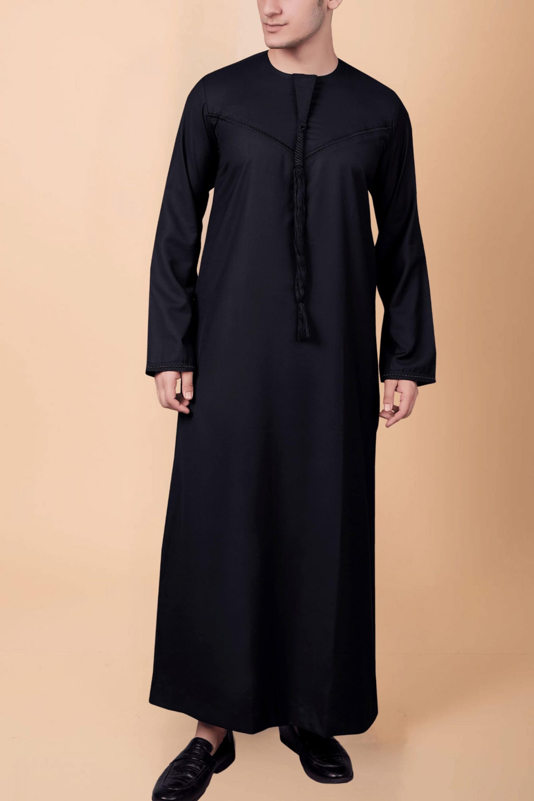Men’s Black Emirati Tassel Thobe – Chevron Stitch Designer Kandura with Front Tassel - Image 5 - Ruby Online