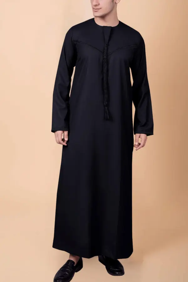 Men’s Black Emirati Tassel Thobe – Chevron Stitch Designer Kandura with Front Tassel