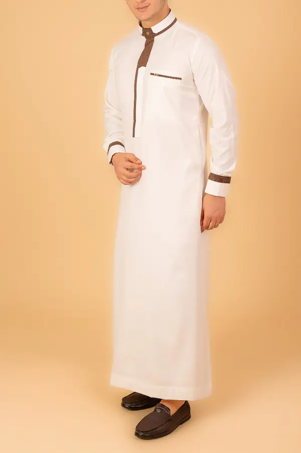 Men’s White Designer Thobe with Brown Contrast Piping – Premium Saudi Collar Kandura - Image 2 - Ruby Online