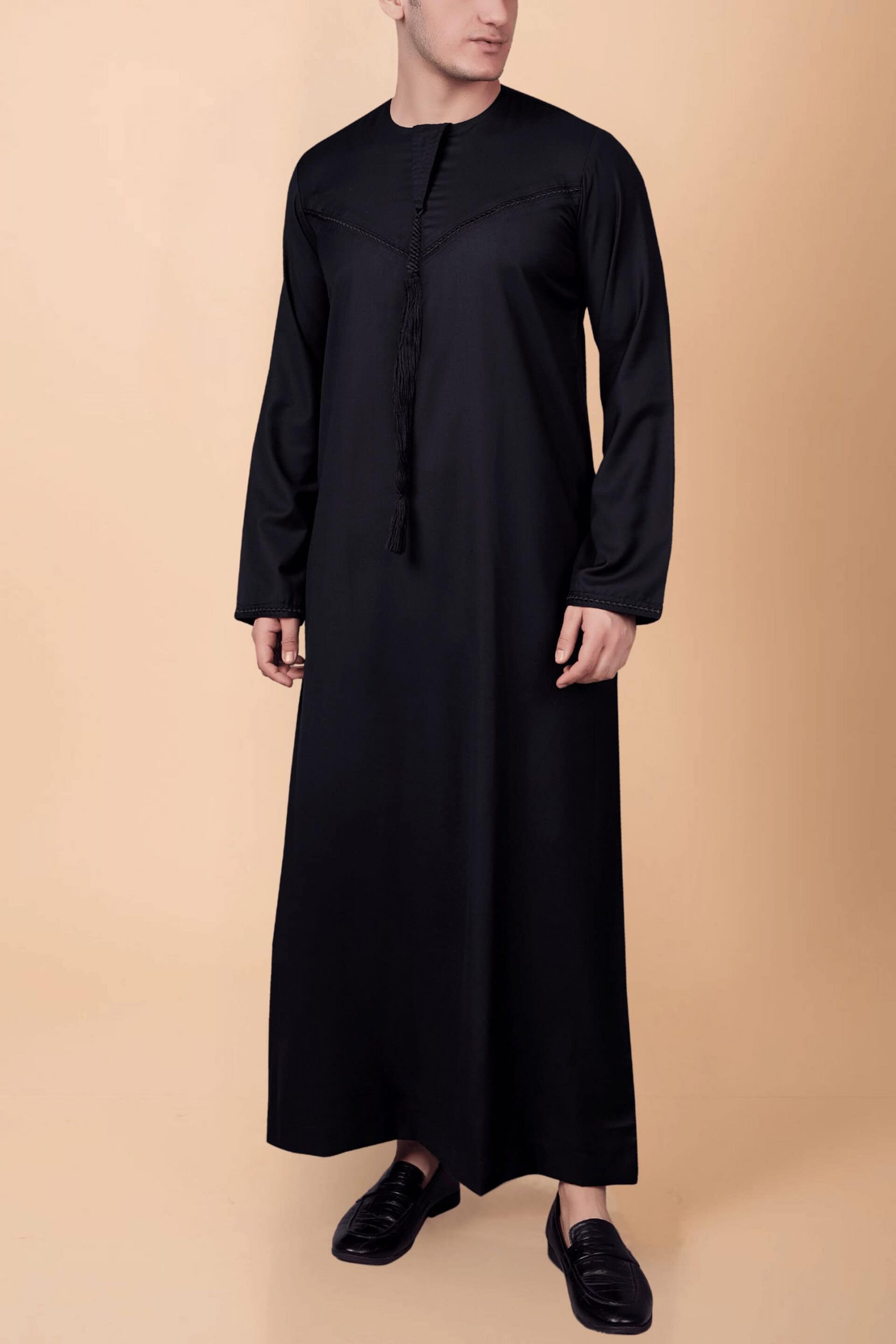 Men’s Black Emirati Tassel Thobe – Chevron Stitch Designer Kandura with Front Tassel - Image 7 - Ruby Online