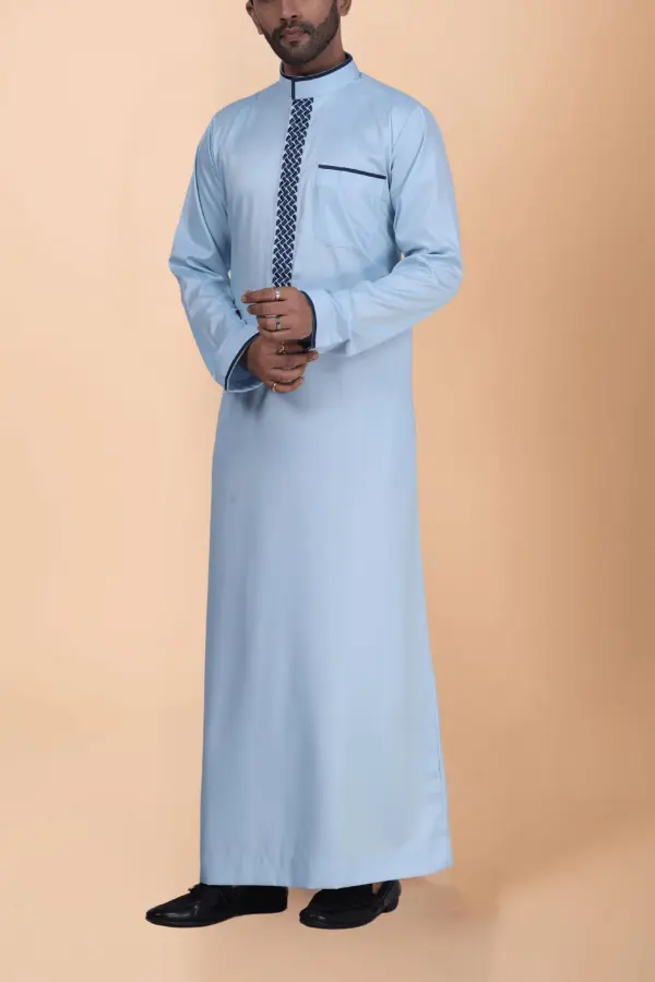 Light Blue Thobe with Navy Geometric Embroidery Strip & Band Collar - Image 3 - Ruby Online