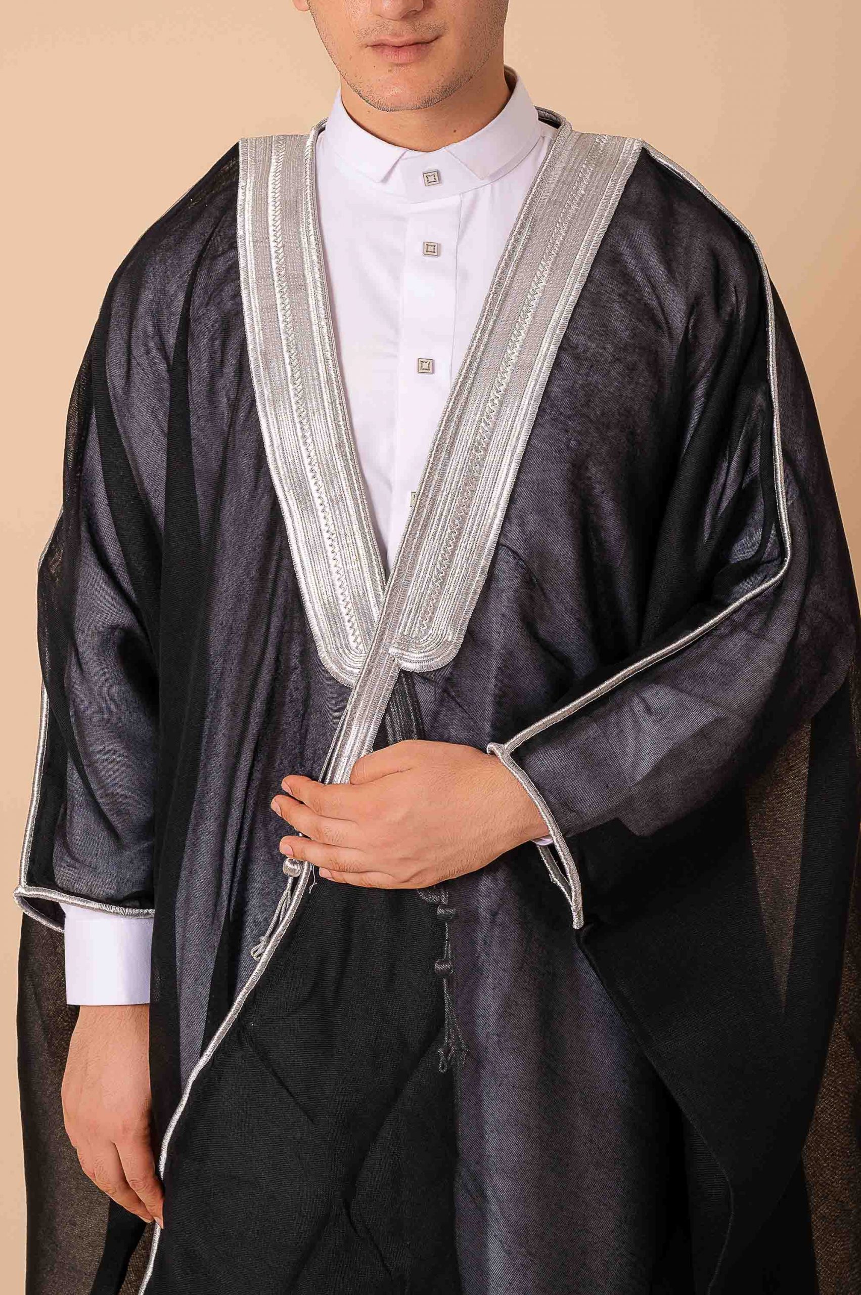 Royal Prestige Black Arabic Bisht for Men with Intricate Silver Zari Border – Premium Lightweight Open-Front Luxury Cloak - Image 6 - Ruby Online