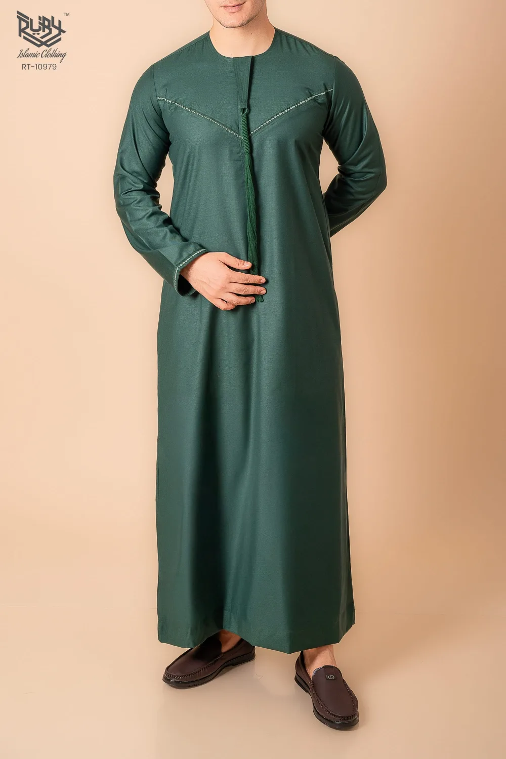 Premium Deep Emerald Green Emirati Tassel Thobe for Men – Light Sage Braided Front Kandura - Image 2 - Ruby Online