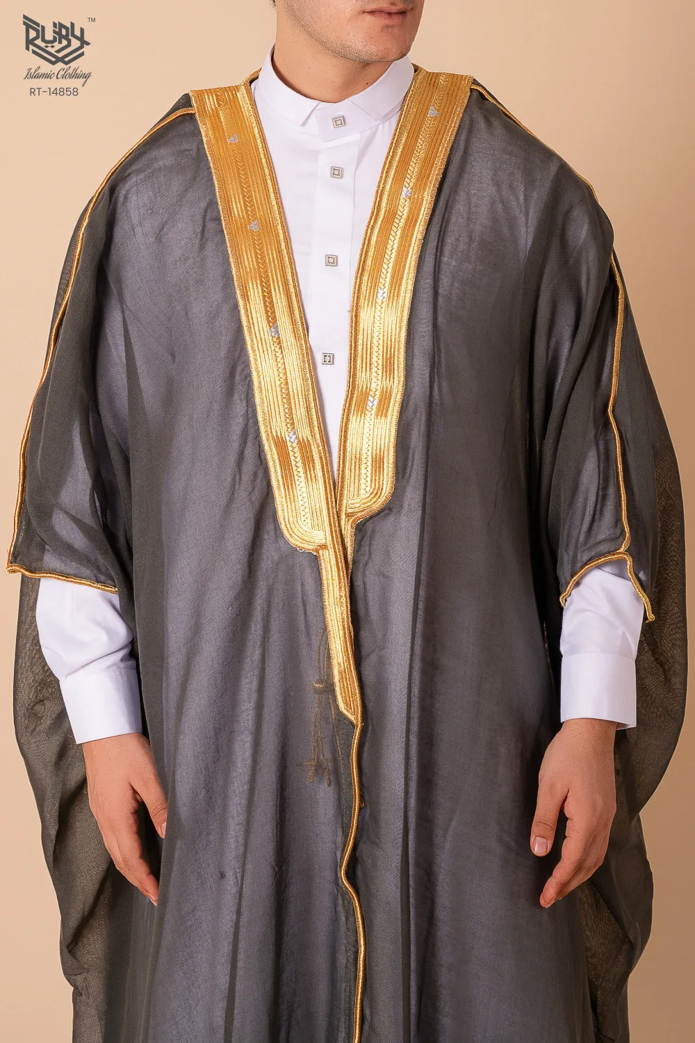 Luxury Dark Grey Arabic Bisht for Men with Gold Zari Edge Embroidery – Premium Lightweight Open-Front Cloak