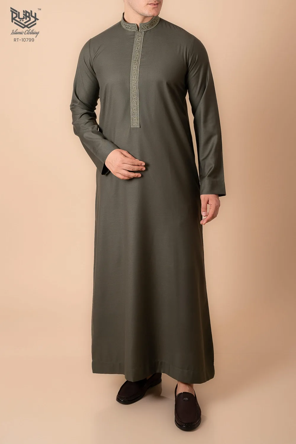 Premium Deep Olive Emirati Thobe with Gold Geometric Embroidered Collar & Placket - Image 5 - Ruby Online