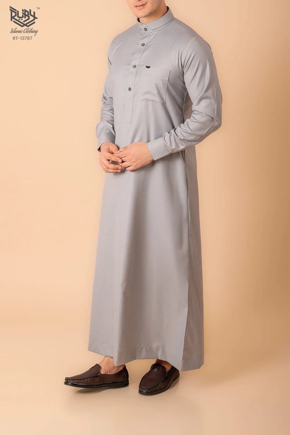 Premium Light Grey Minimalist Band-Collar Designer Thobe for Men with Metal Button Detail - Image 3 - Ruby Online