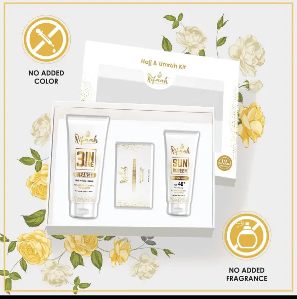Rifaah Hajj & Umrah Travel Kit with 3-in-1 Cleanser, SPF 40+ Sunscreen & Transparent Cleansing Bar – White & Gold Halal Personal Care Set - Image 3 - Ruby Online