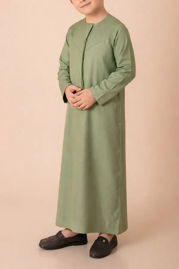 Premium Olive Green Emirati Kids Thobe with Braided V-Stitch & Tassel - Image 2 - Ruby Online