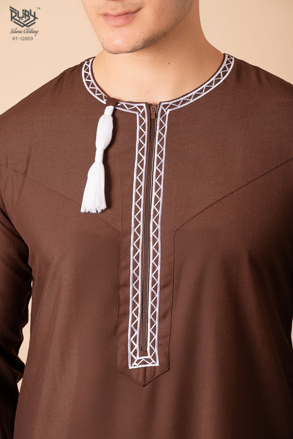 Coffee Brown Omani Thobe with White Geometric Embroidery & Tassel - Image 4 - Ruby Online