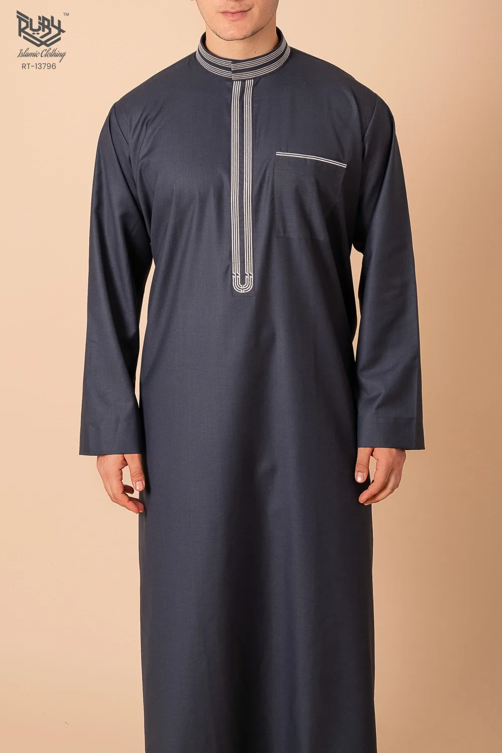 Premium Deep Charcoal Grey Emirati Designer Thobe with Striped Embroidered Placket