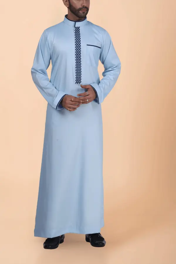 Light Blue Thobe with Navy Geometric Embroidery Strip & Band Collar - Image 2 - Ruby Online