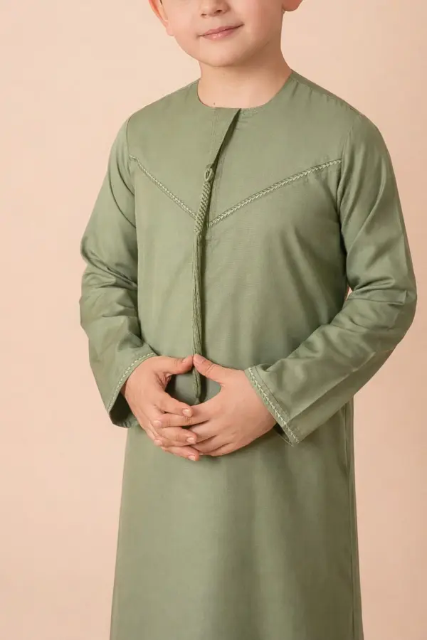 Premium Olive Green Emirati Kids Thobe with Braided V-Stitch & Tassel - Image 5 - Ruby Online
