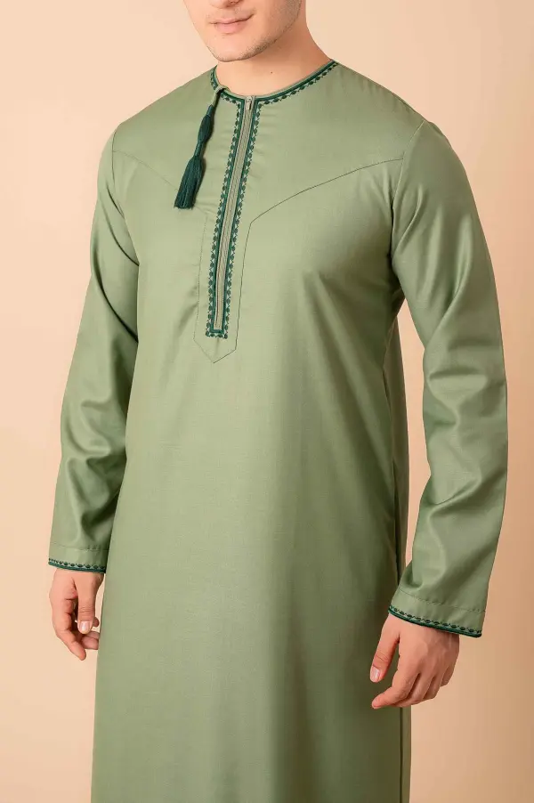 Light Olive Green Omani Thobe with Dark Green Geometric Embroidery & Tassel - Image 5 - Ruby Online