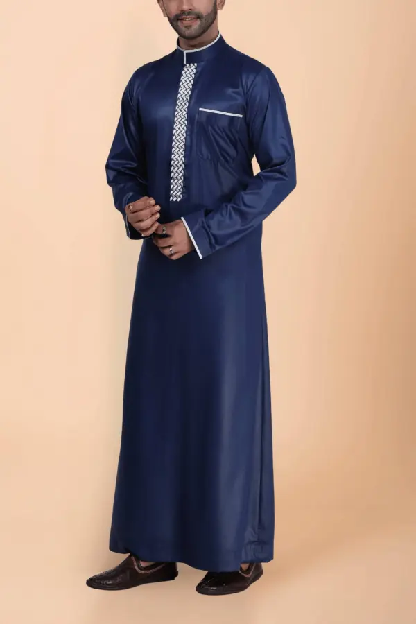 Navy Blue Thobe with White Geometric Embroidery Strip & Band Collar - Image 3 - Ruby Online