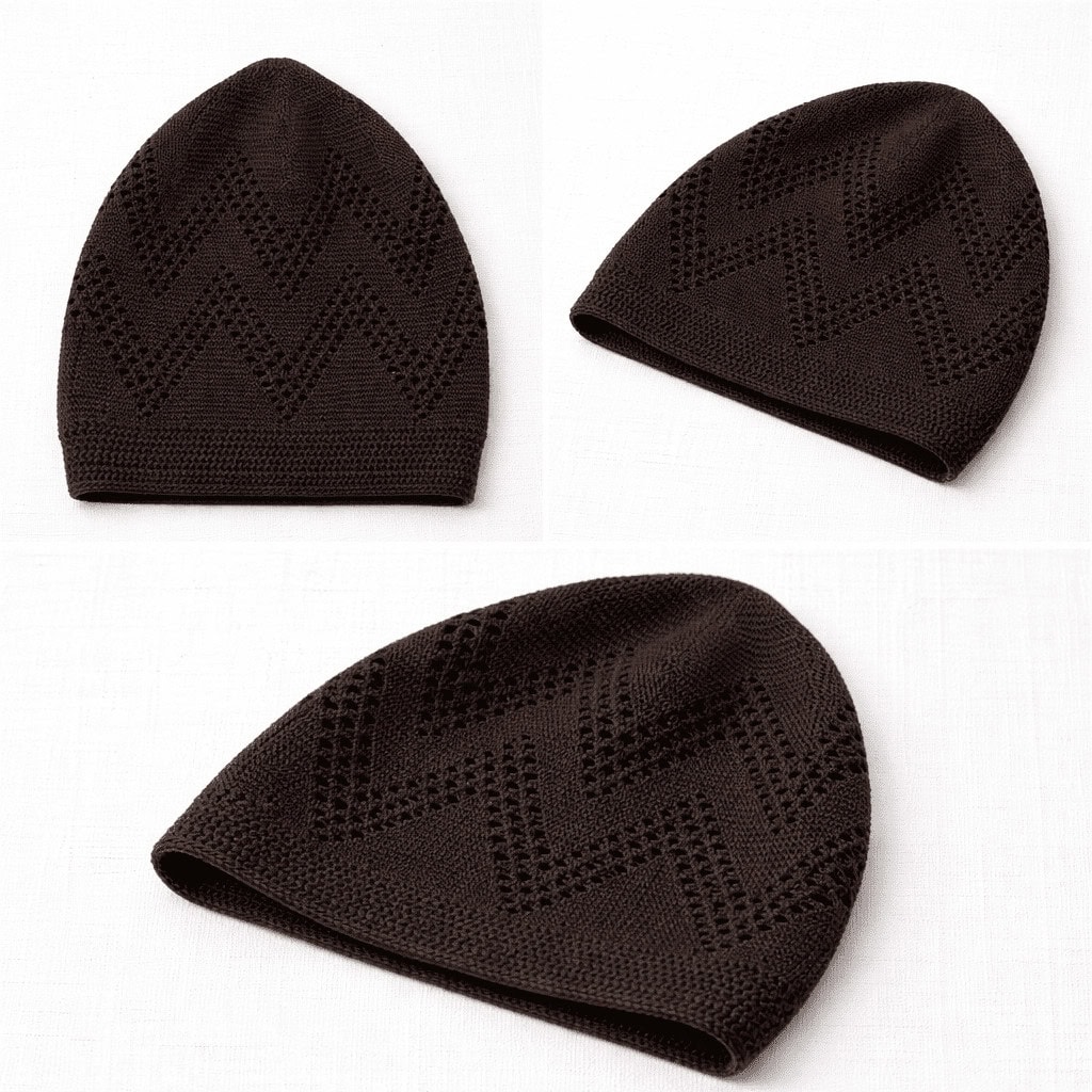 Turkey Sufi Knitted Prayer Cap for Men – Dark Brown Islamic Kufi with Geometric Open-Work Design - Image 4 - Ruby Online