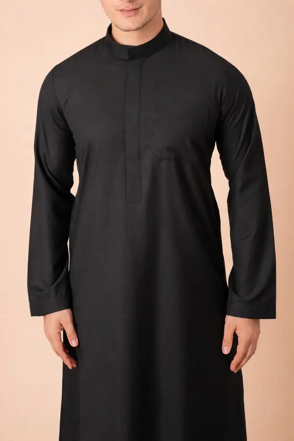 Premium Jet Black Minimalist Emirati Thobe with Concealed Placket - Image 3 - Ruby Online