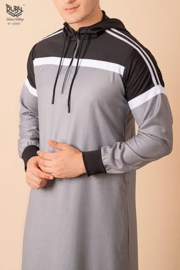Men’s Light Grey Hooded Thobe with Black Panel & White Stripe Design - Image 4 - Ruby Online