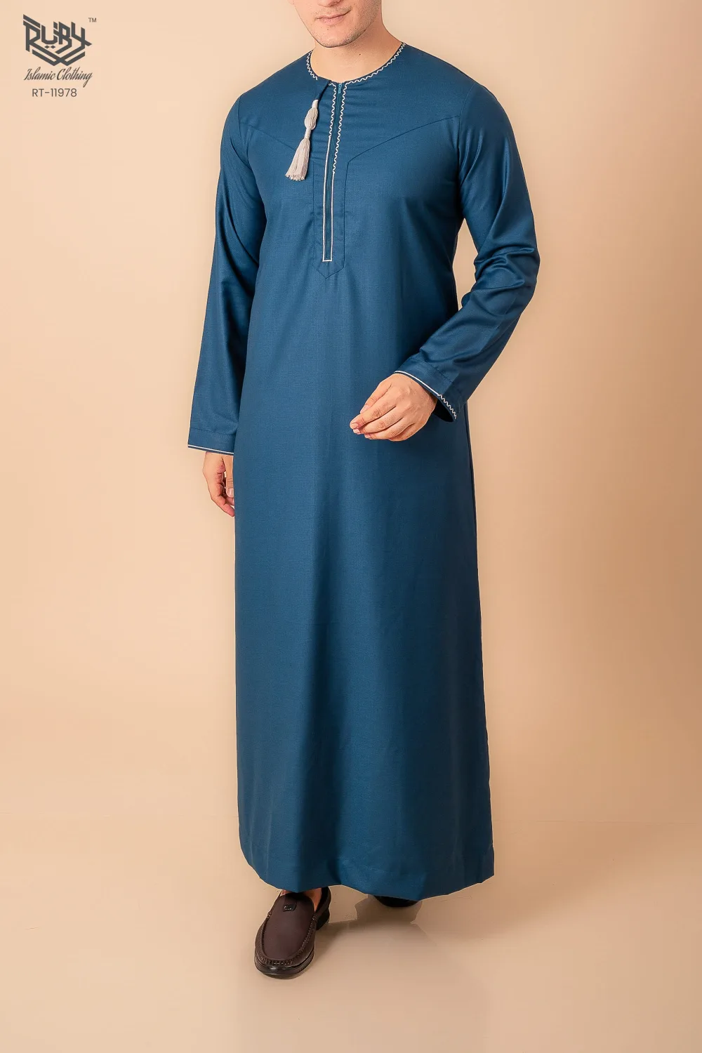 Teal Blue Omani Thobe with White Geometric Embroidery & Tassel