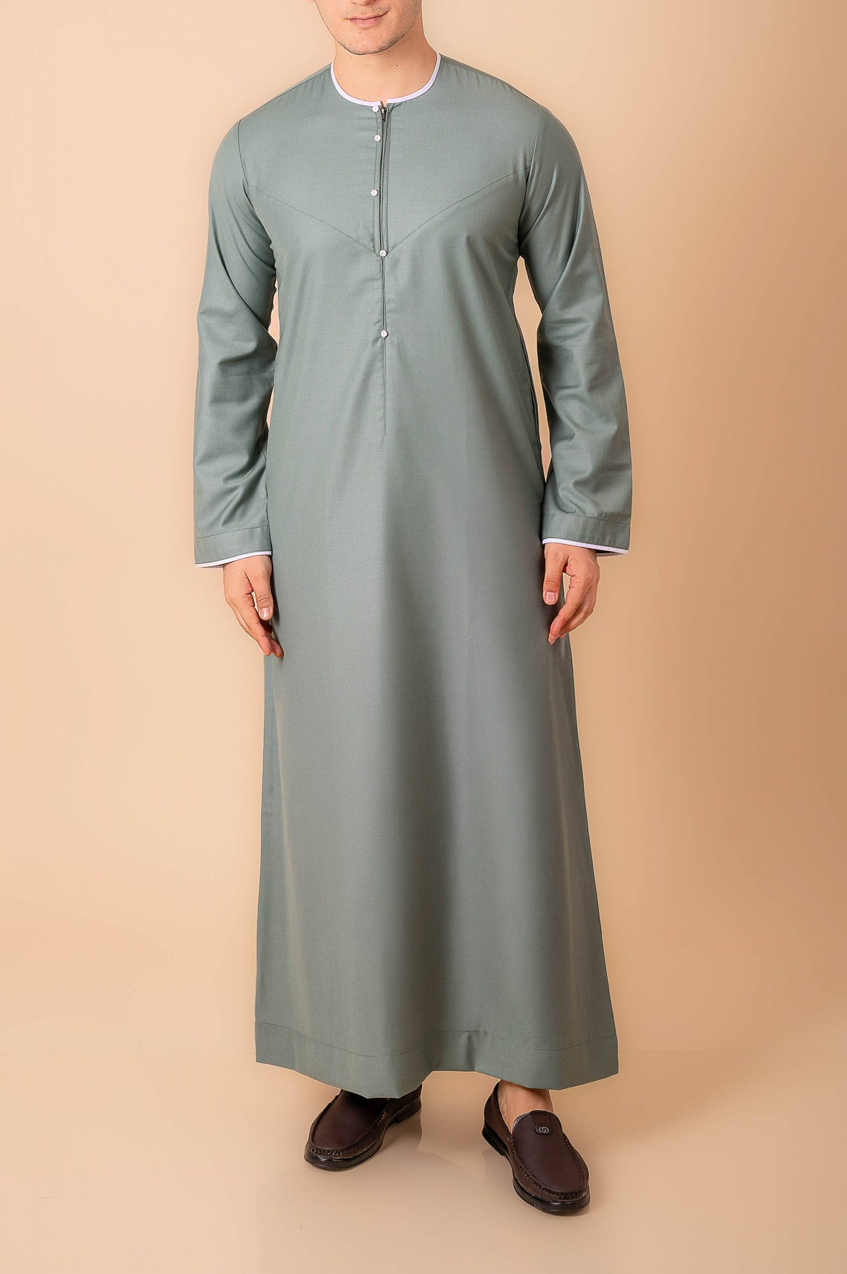 Premium Sage Green Emirati Thobe for Men with White Contrast Piping & Modern Panel Cut - Image 6 - Ruby Online