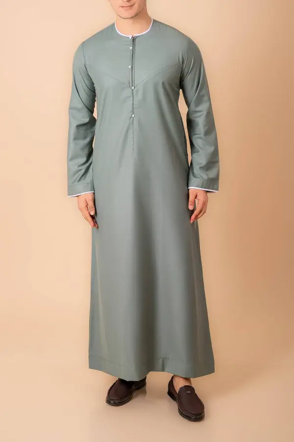 Premium Sage Green Emirati Thobe for Men with White Contrast Piping & Modern Panel Cut